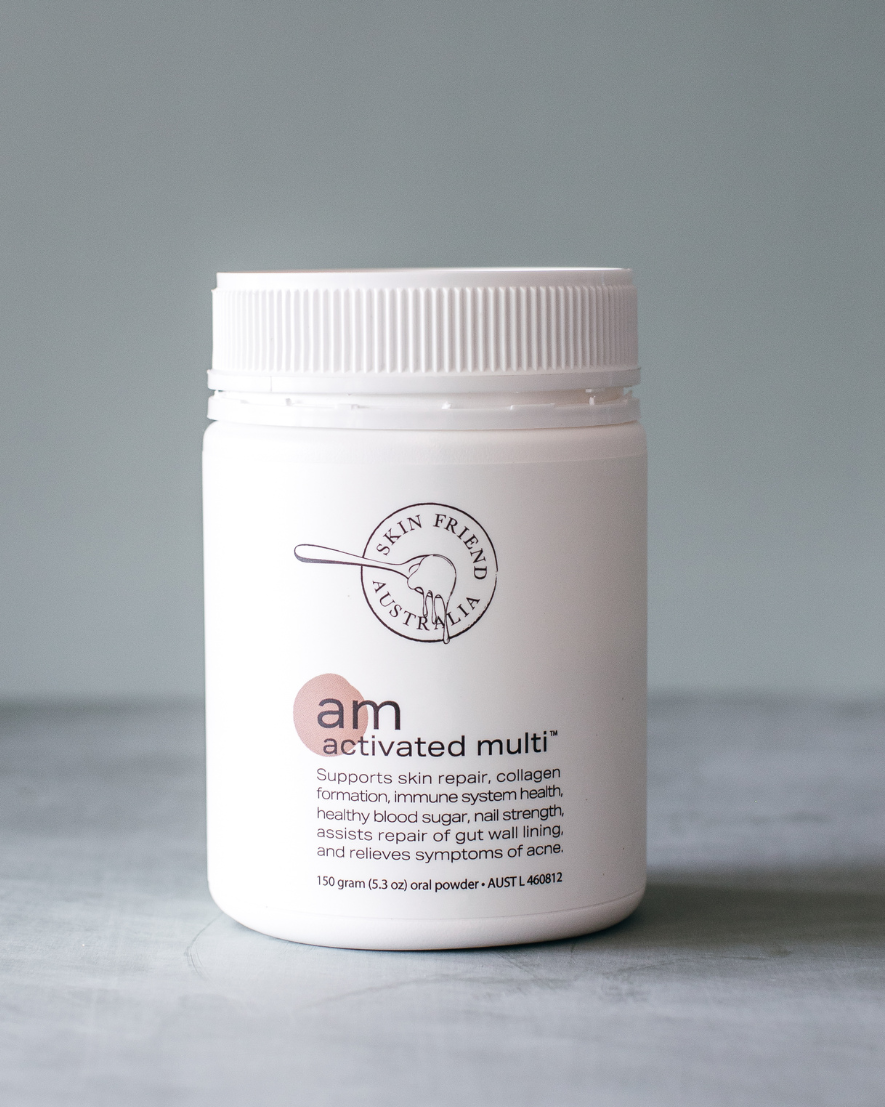 White supplement jar with label on a gray background