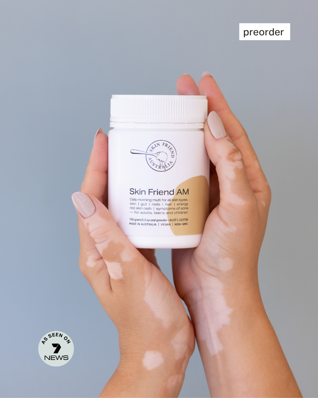Two hands holding a jar labeled 'Skin Friend AM' against a gray background.
